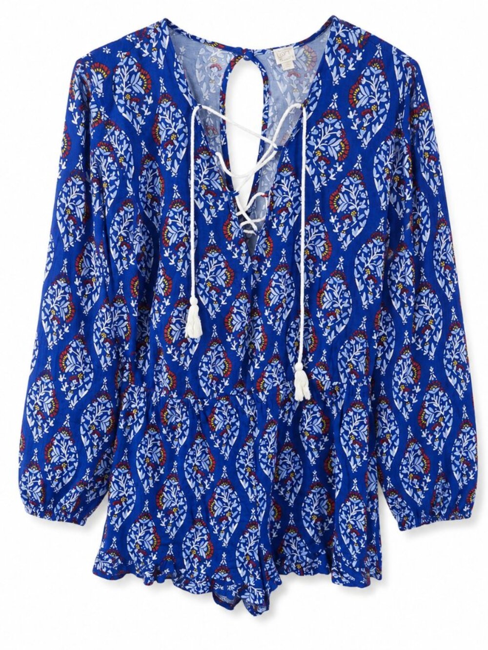 LOFT Beach Blue Boho Floral Lace-Up Resort Cover Up Romper Size M